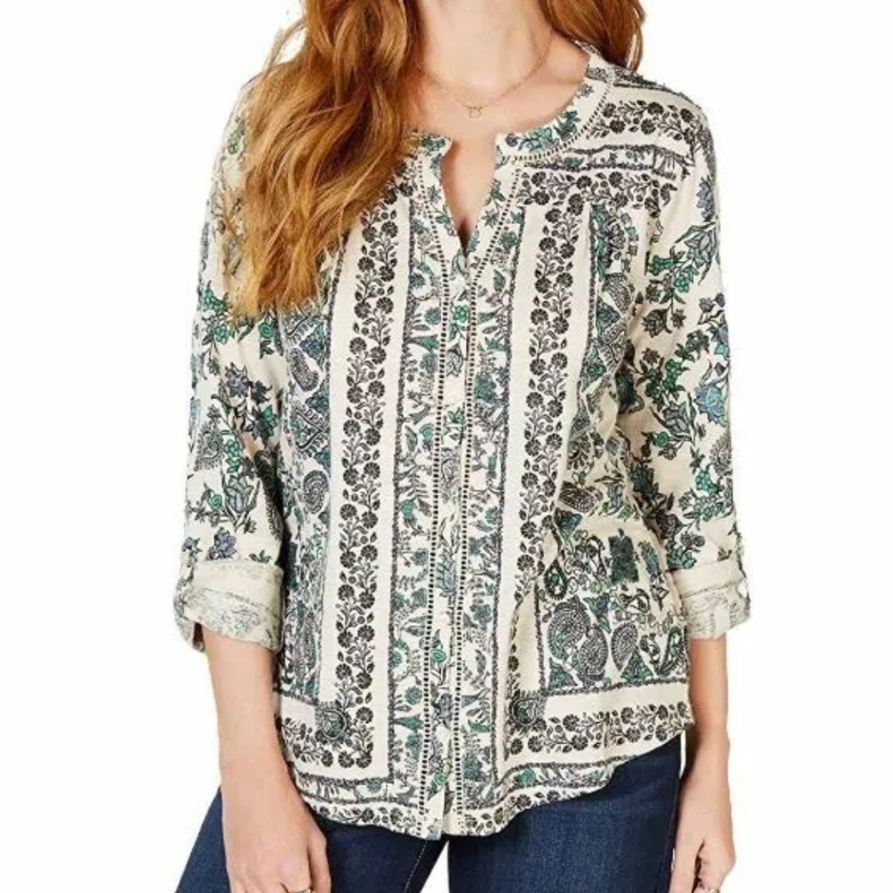 Style & Co. Green and Cream Button Down Shirt